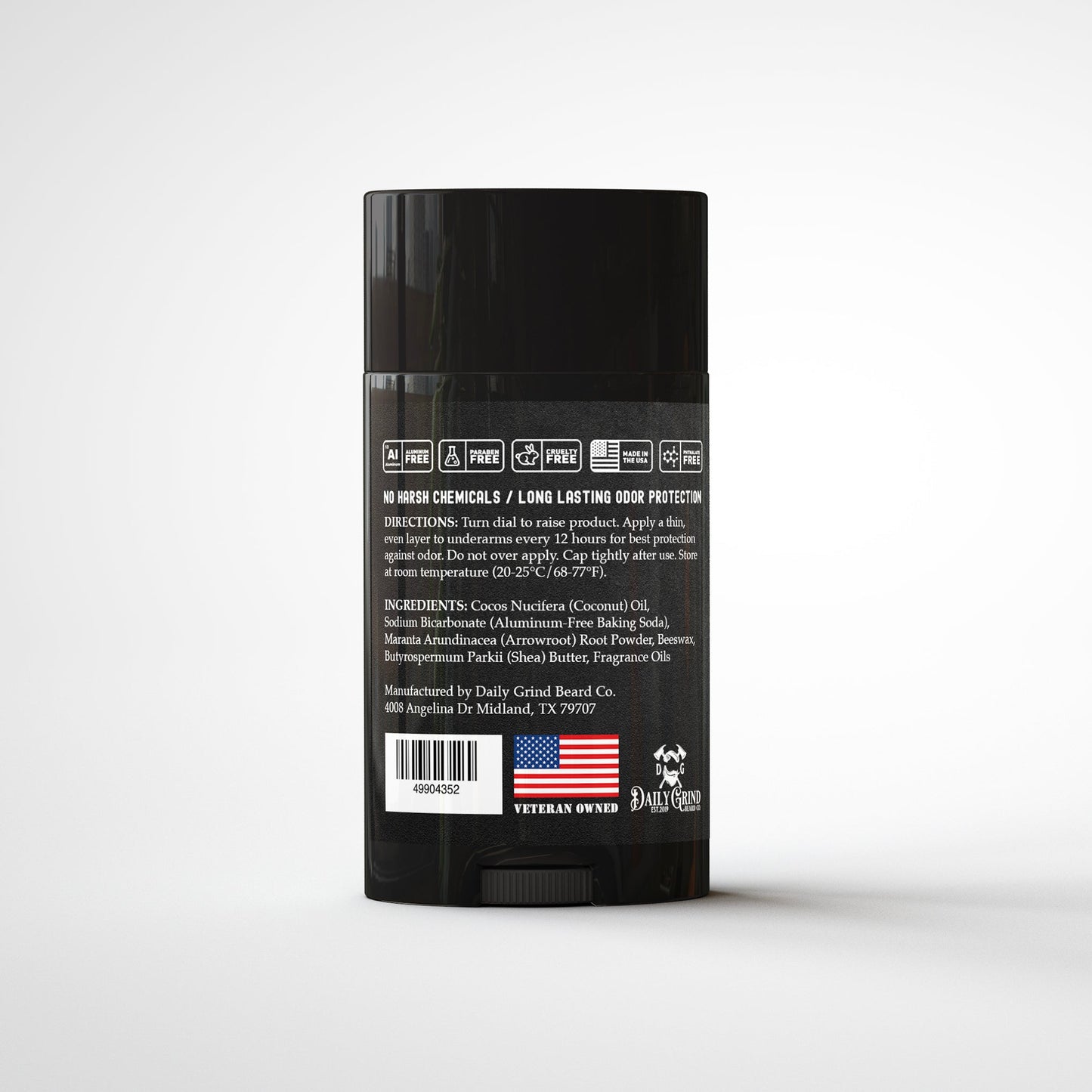Daily Grind American Classic natural deodorant for men, showing the back label with directions, full ingredient list, "Aluminum Free" badge, and "Veteran Owned" Texas manufacturing address.