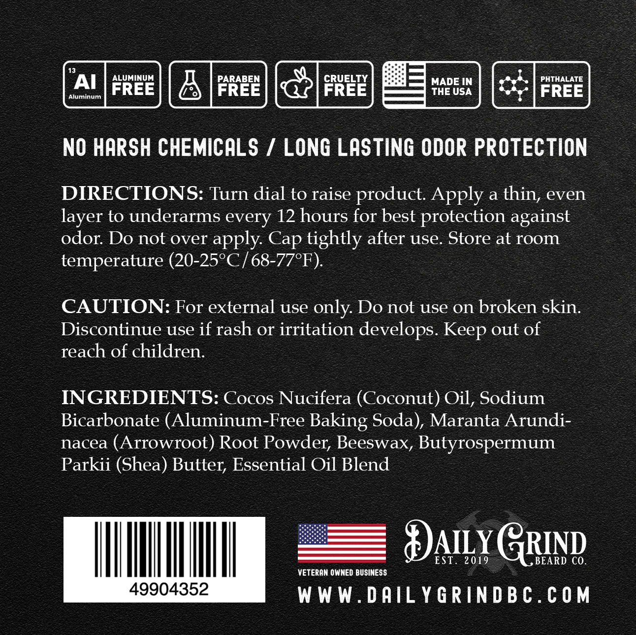 Daily Grind American Classic natural deodorant for men, showing a close up view of the back label with directions, full ingredient list, "Aluminum Free" badge, and "Veteran Owned" Texas manufacturing address.