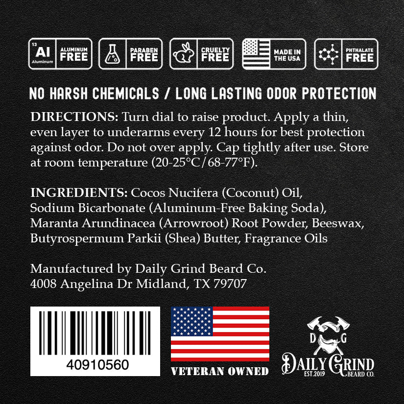 Daily Grind Locke Deodorant in Cedar and Leather scent, natural deodorant for men shown with a close-up of the back label with ingredients and usage directions on a dark textured background