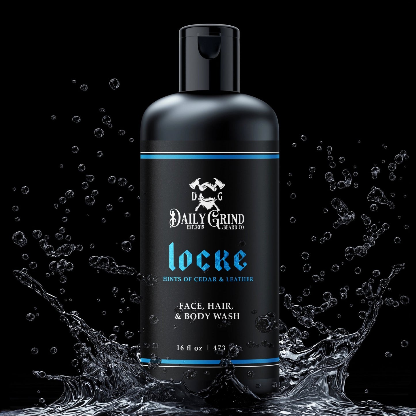 Daily Grind Locke Face Hair and Body Wash in Cedar and Leather scent, 3-in-1 shampoo and cleanser for men shown in a matte black bottle with blue accents surrounded by splashing water