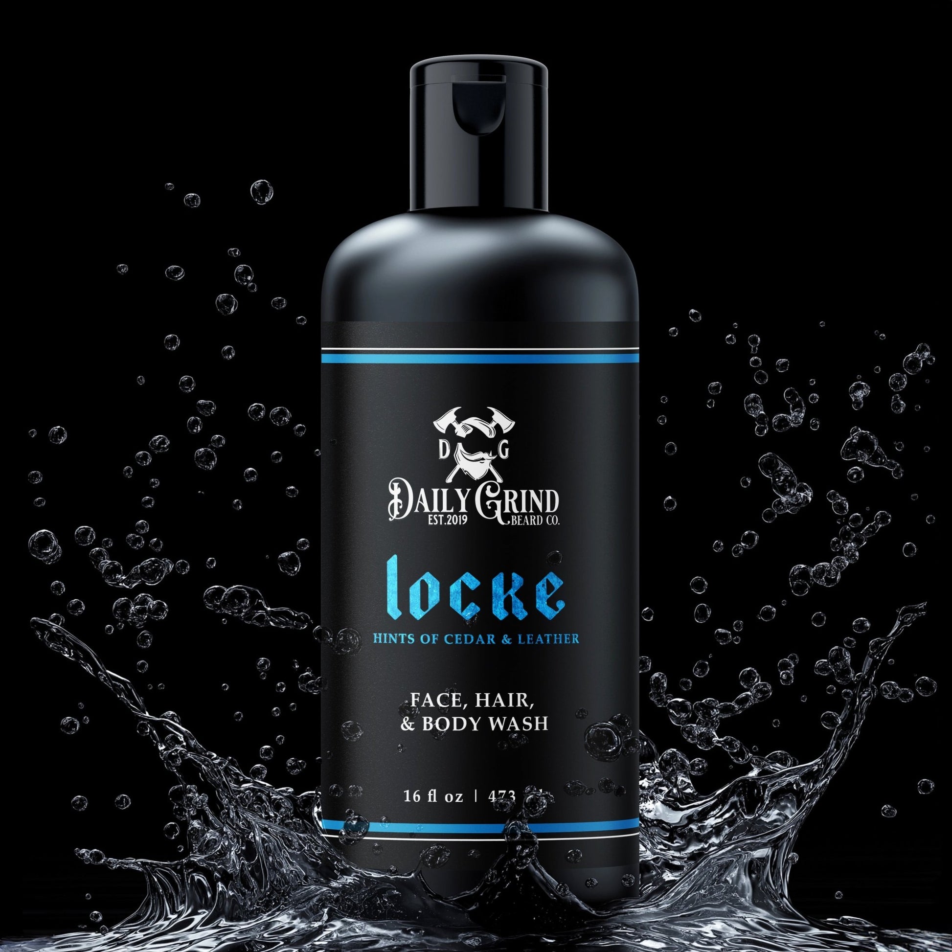 Daily Grind Locke Face Hair and Body Wash in Cedar and Leather scent, 3-in-1 shampoo and cleanser for men shown in a matte black bottle with blue accents surrounded by splashing water
