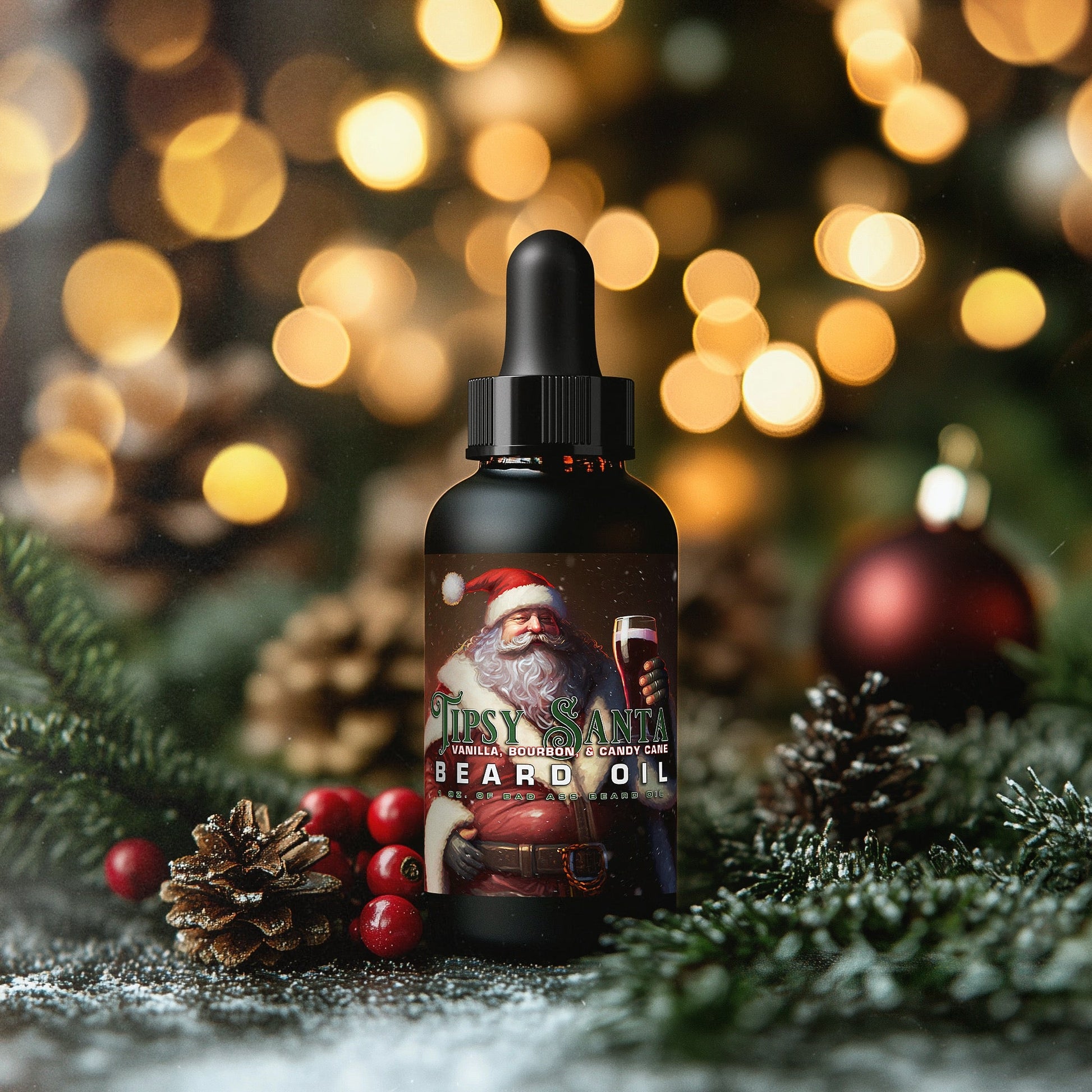 Tipsy Santa Beard Oil bottle for men with vanilla, bourbon, and candy cane scent in a festive Christmas background by Daily Grind Beard Co