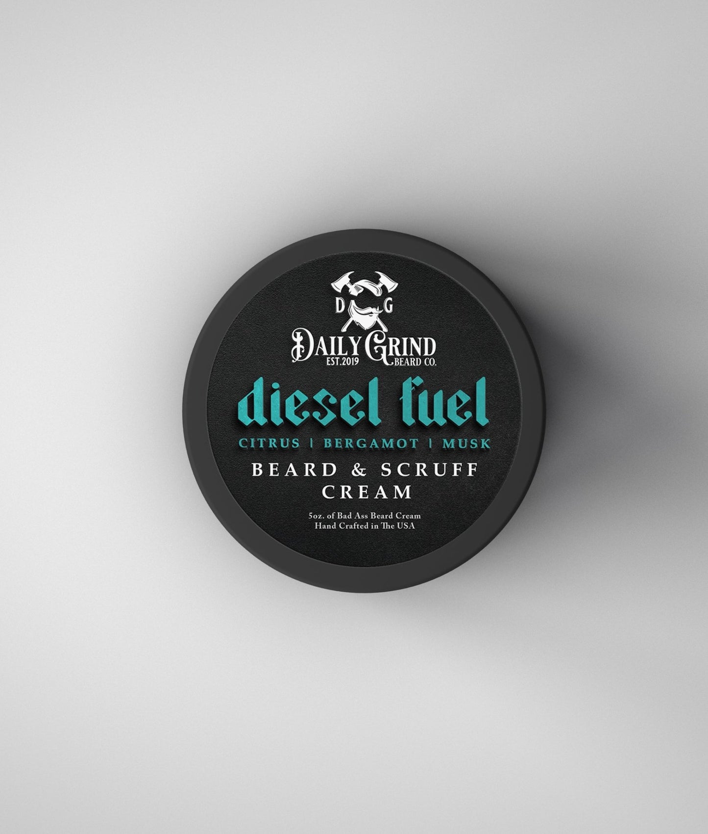 Diesel Fuel Beard and Scruff Cream for men in a black jar with citrus, bergamot and musk scent by Daily Grind Beard Co