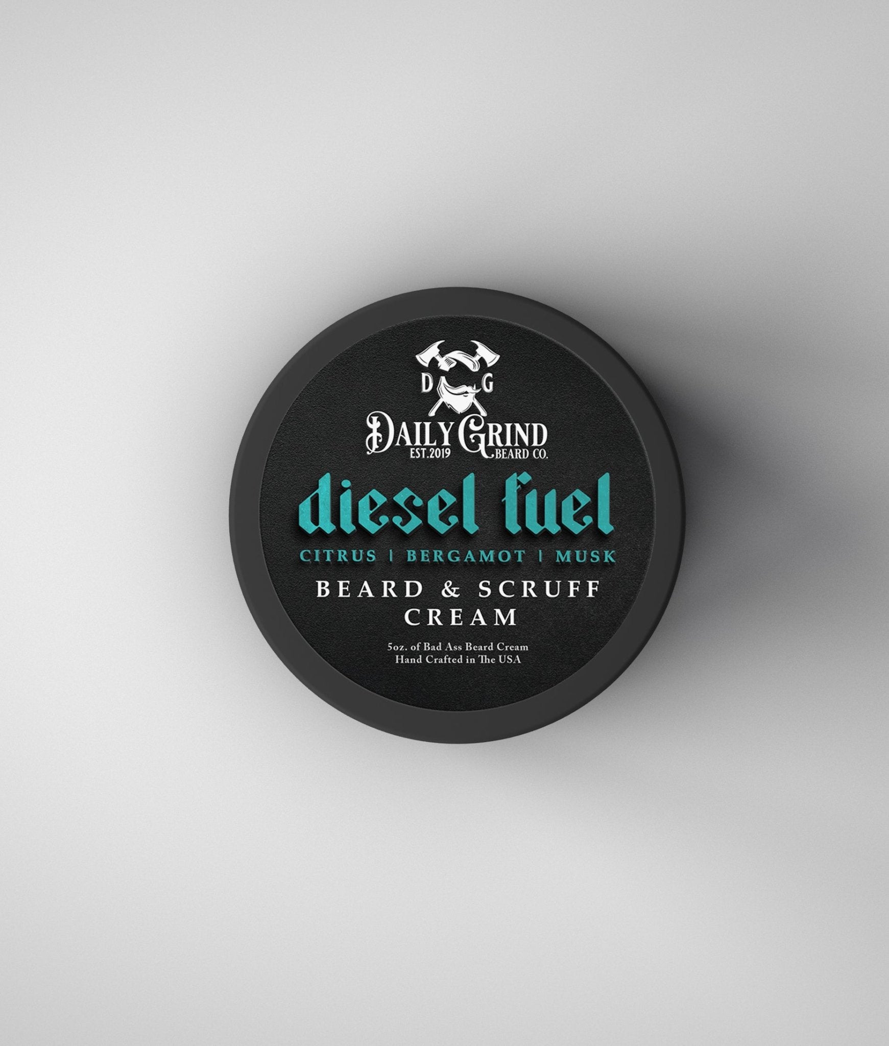 Diesel Fuel Beard and Scruff Cream for men in a black jar with citrus, bergamot and musk scent by Daily Grind Beard Co