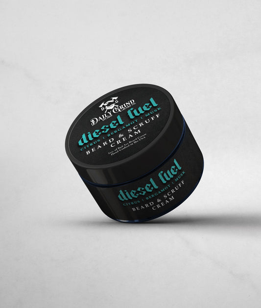 Diesel Fuel Beard and Scruff Cream for men with citrus, bergamot and musk scent, in a black jar by Daily Grind Beard Co